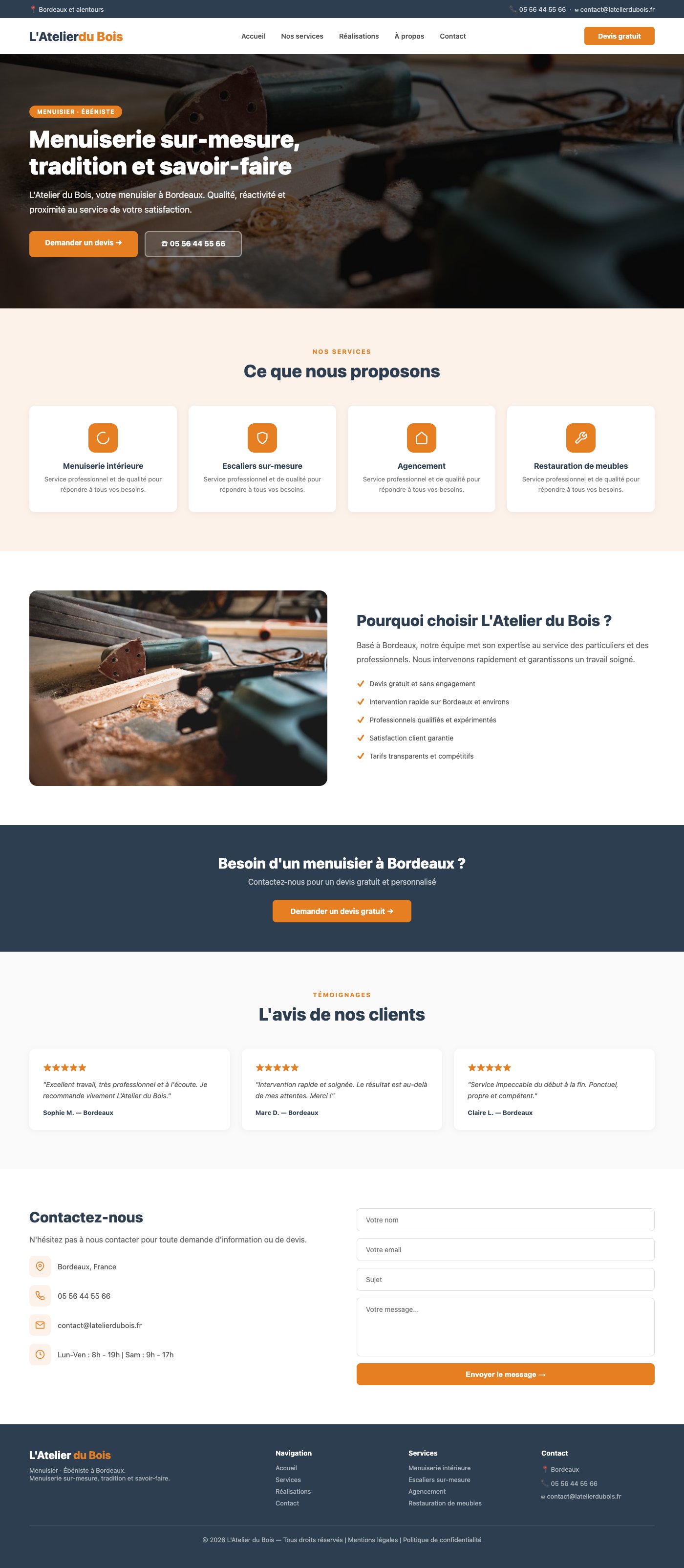 Site vitrine L'Atelier du Bois menuisier ébéniste Bordeaux